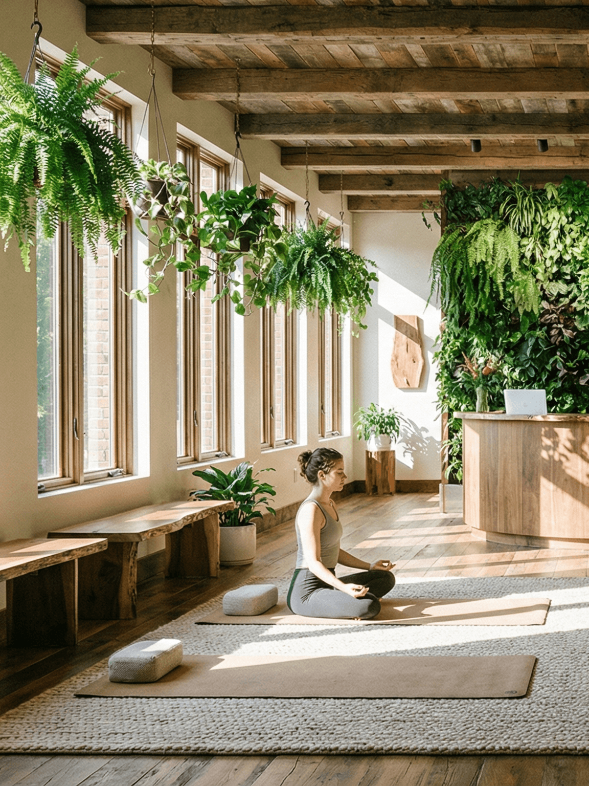 Estudio de yoga con abundantes plantas interiores, bancos de madera y una mujer meditando sobre una esterilla iluminada por luz natural.