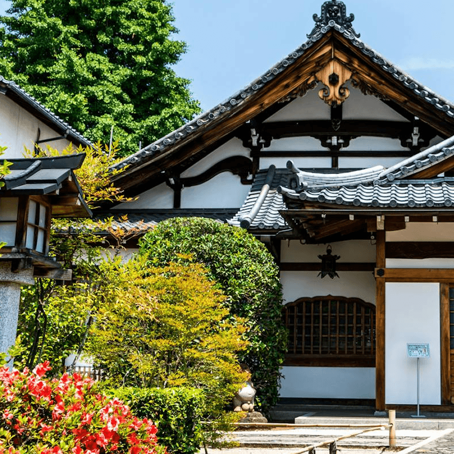 Templo japonés tradicional con techos de tejas curvadas y puertas correderas de madera, rodeado de exuberantes jardines verdes y arces en primavera