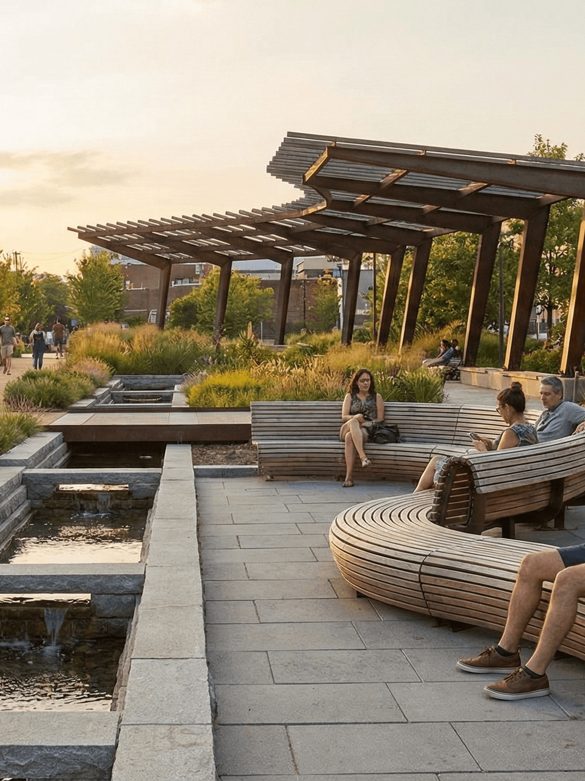 Parque urbano con bancos curvos de madera, pérgolas y estanques poco profundos donde personas se sientan y caminan.