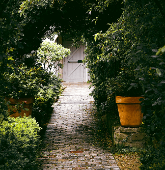 Sendero de ladrillo que conduce a una puerta blanca de madera rodeada de vegetación