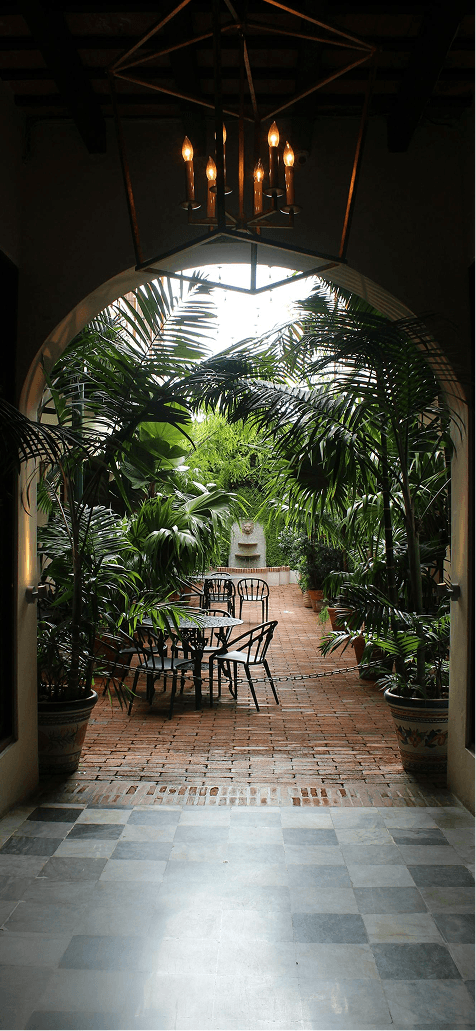 Patio tropical con plantas, sillas y una pequeña fuente.