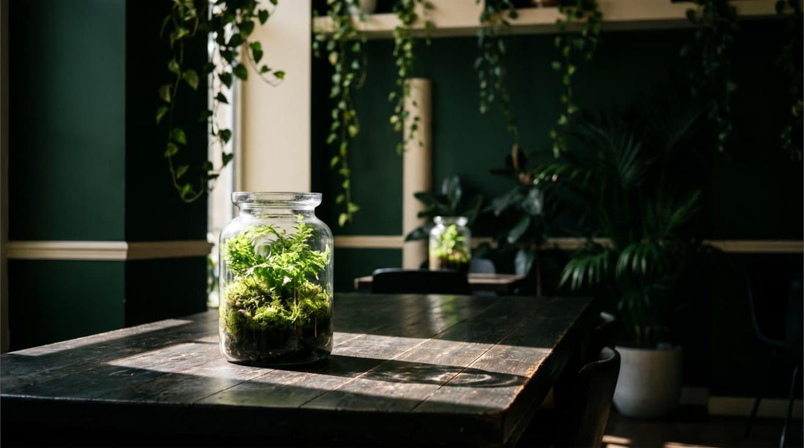 Café con vegetación viva, terrario en frasco y luz natural entrando por la ventana